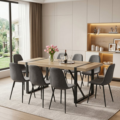 Ensemble de table de salle à manger 9 pièces moderne en placage de bois industriel avec chaises d'appoint rembourrées