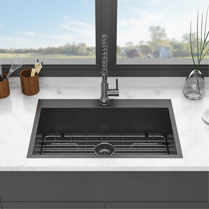 30 Drop In Kitchen Sink - Topmount Gunmetal Black Stainless Steel 18 Gauge Singe Bowl Kitchen Sink Basin