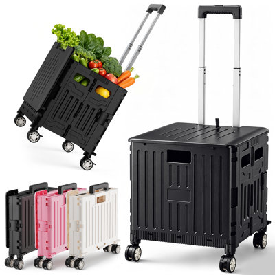 Folding Rolling Utility Cart with Lid, Collapsible Storage Crate with Wheels and Lockable Storage, Black