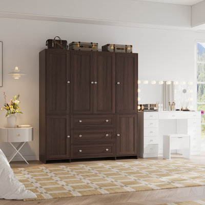 6-Door Armoire With Mirror, Wardrobe Closet With 3 Drawers