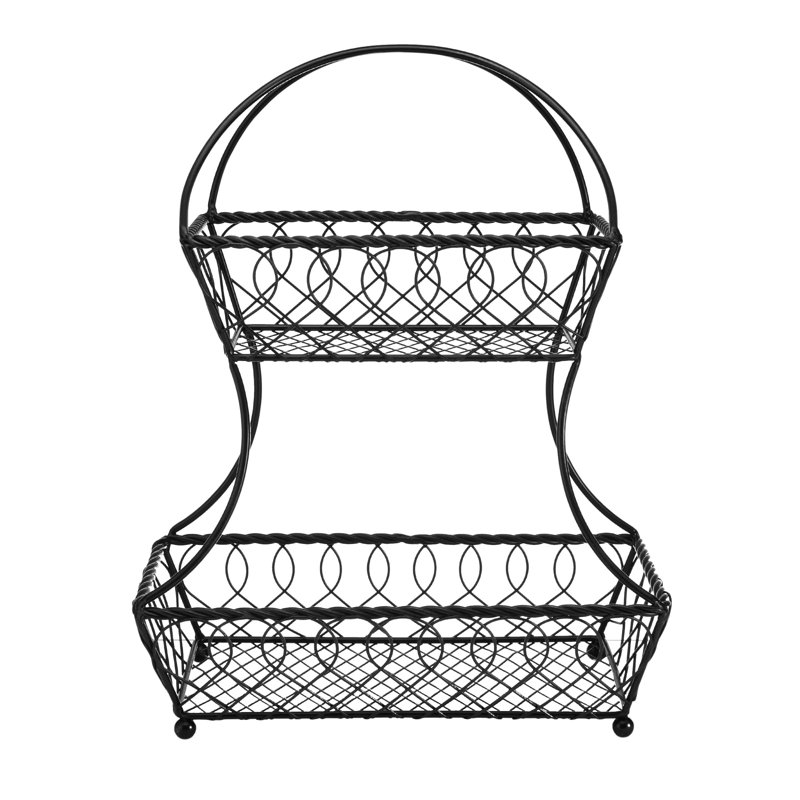 Antique Black 2-Tier Metal Fruit Basket with Lattice Design