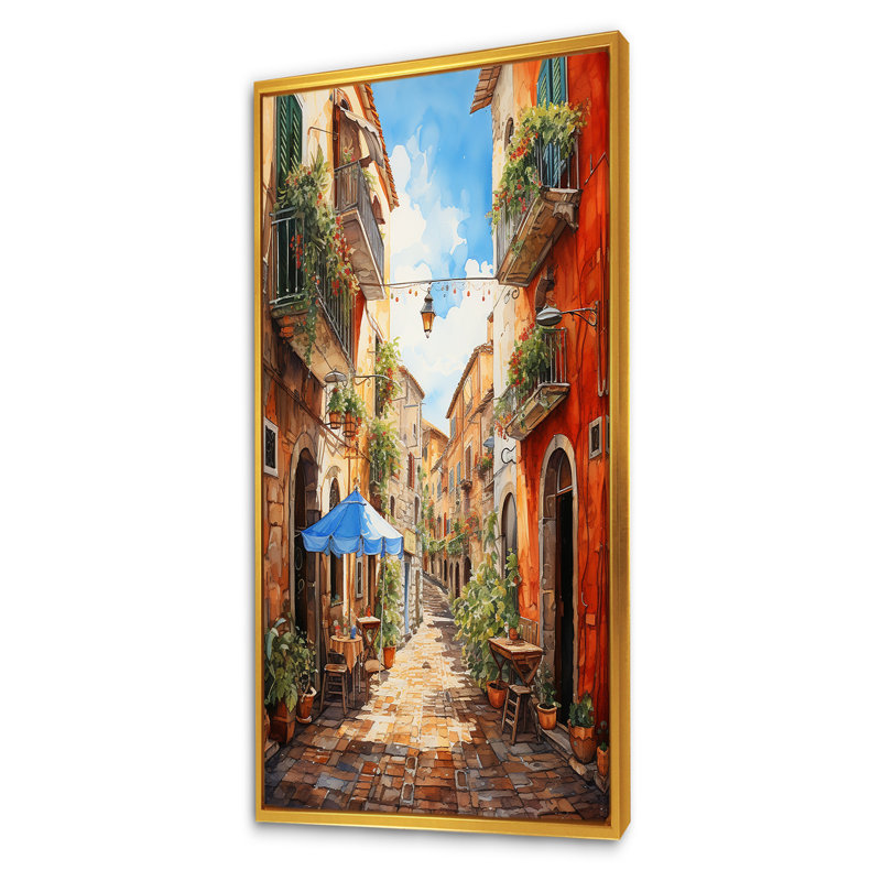 «Italian Village Essence 1», art mural Italie, Cadre flottant doré, H 60 po x l 28 po x P 1,5 po
