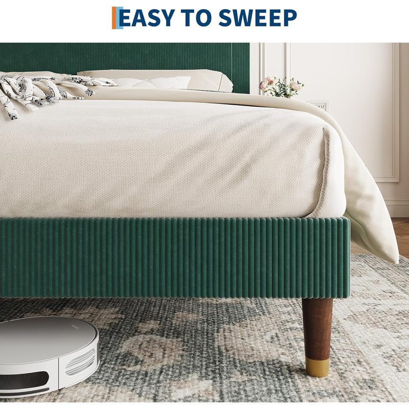 Full Upholstered Platform Bed Frame, Fabric Headboard, Metal Frame with Wooden Slats, Modern Bedroom Use ,Dark Green, Full