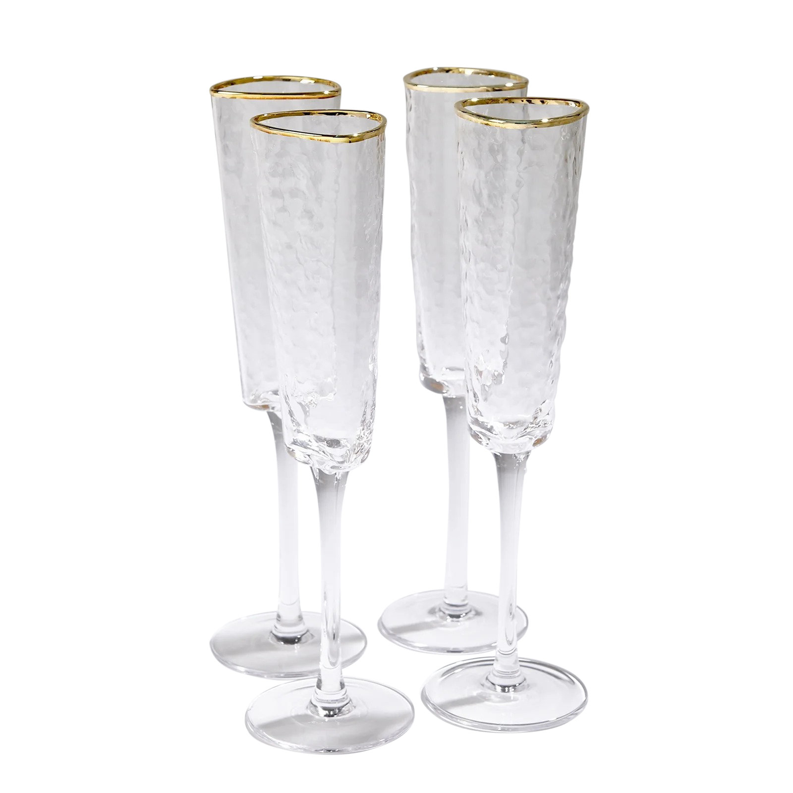 Modern Stemless Wine Flute Glasses w/ Hammered Brass Plated Design, Set of 4