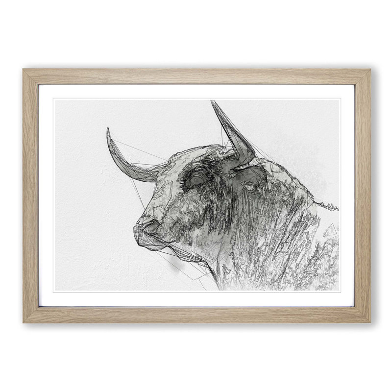 Stone Statue of a Bull in Abstract - Picture Frame Graphic Art Print, 27cm H x 36cm W x 2cm D, Oak Framed