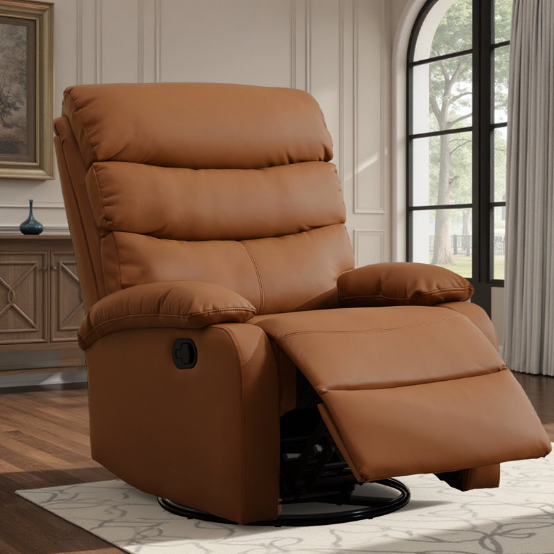  Top Grain Genuine Leather Recliner, Small Swivel Rocker Recliner Chair,manual Recliner Chair For Living Room, Bedroom, Home Theater,rv-Brown