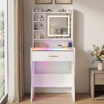 Petite coiffeuse 23,5 "avec miroir lumineux à DEL, bureau de meuble-lavabo compact avec plateau en verre et huche de rangement