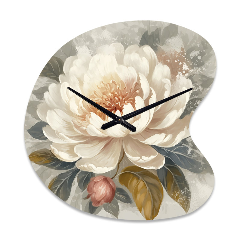 Horloge murale asymétrique blanche avec pivoines blanches et grises, Petit