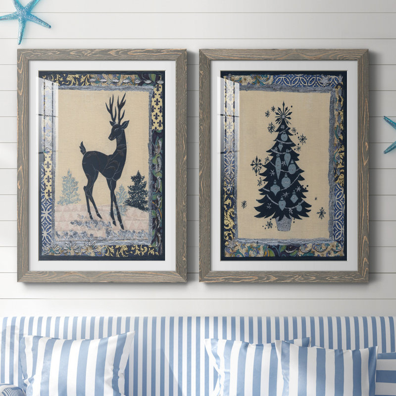 Silhouette de cerf - ensemble de 2 impressions, H 37,5 po x l 55 po x P 1,5 po, Cadre en papier gris, Blanc