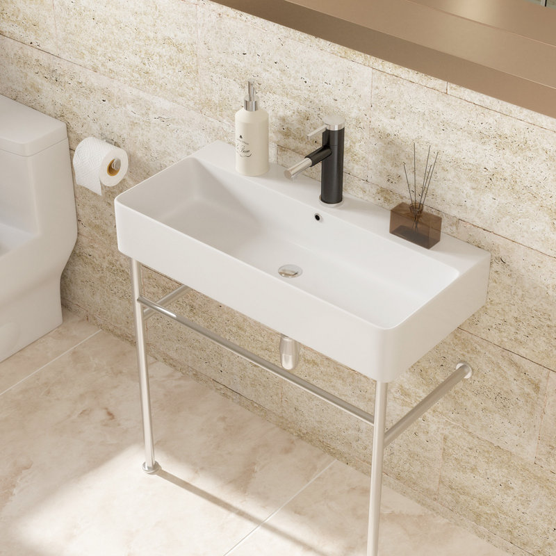 Glossy White Ceramic Rectangular Console Sink with Steel Legs