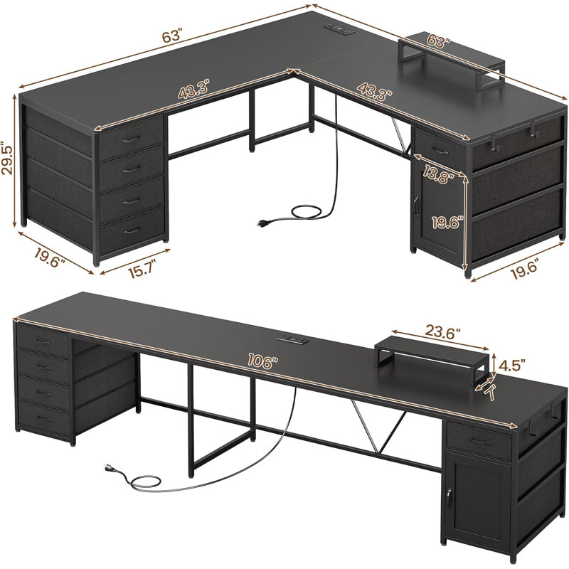 63“ W L Shaped Desk, Black