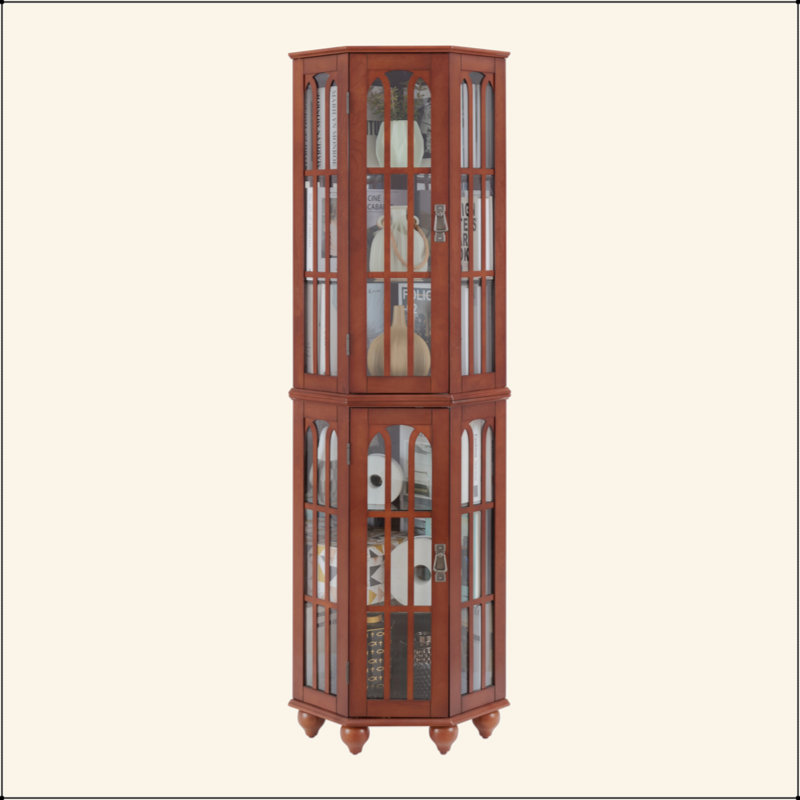 Vitrine d'angle avec 4 tablettes réglables en verre trempé et système d'éclairage, pieds en bois massif, panneau arrière en miroir en acrylique