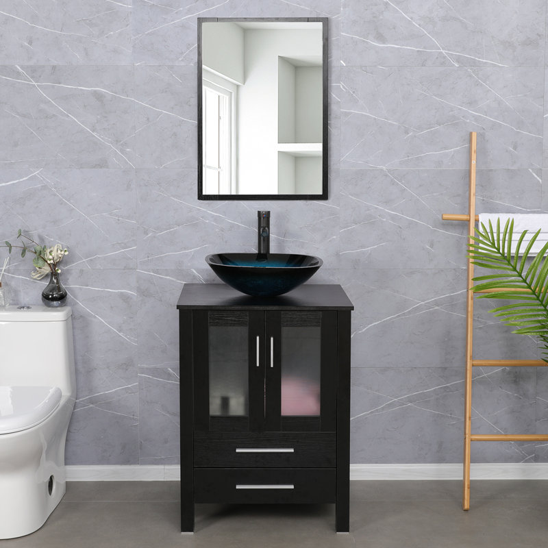 Ensemble de meuble-lavabo simple 24 po avec lavabo vasque, robinet et drain, Noir