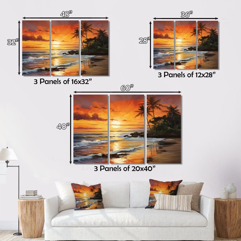 «Caraibe Island Sunset III», reproduction sur toile 3 pièces, H 28 po x l 36 po x P 1 po