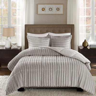 Grey Faux Fur Comforter Mini - Full/queen, , , Empowering Rest With Shams Grey, Machine Washable
