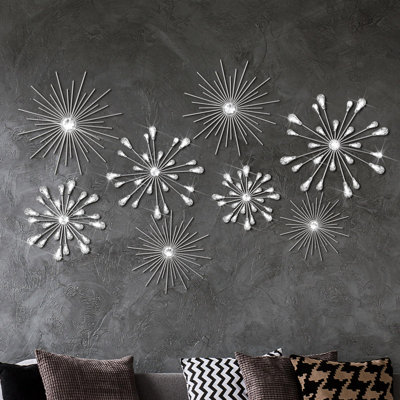 8 Pcs Gold Metal Wall Art Cast Iron Starburst Wall Decor Bling Crystal Sculptures Living Room 3D Teardrop Radial Rhinestone Hanging Diamond Accents