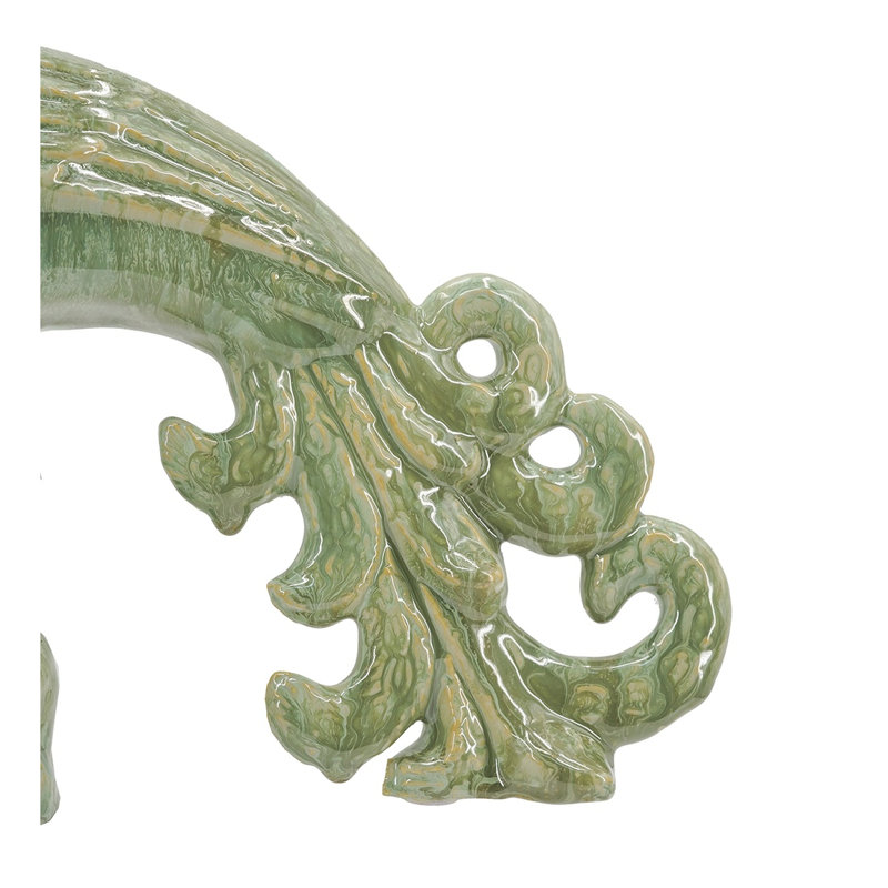 Sculpture 14 po en forme de paon en céramique avec glaçage sauge et plumes en relief
