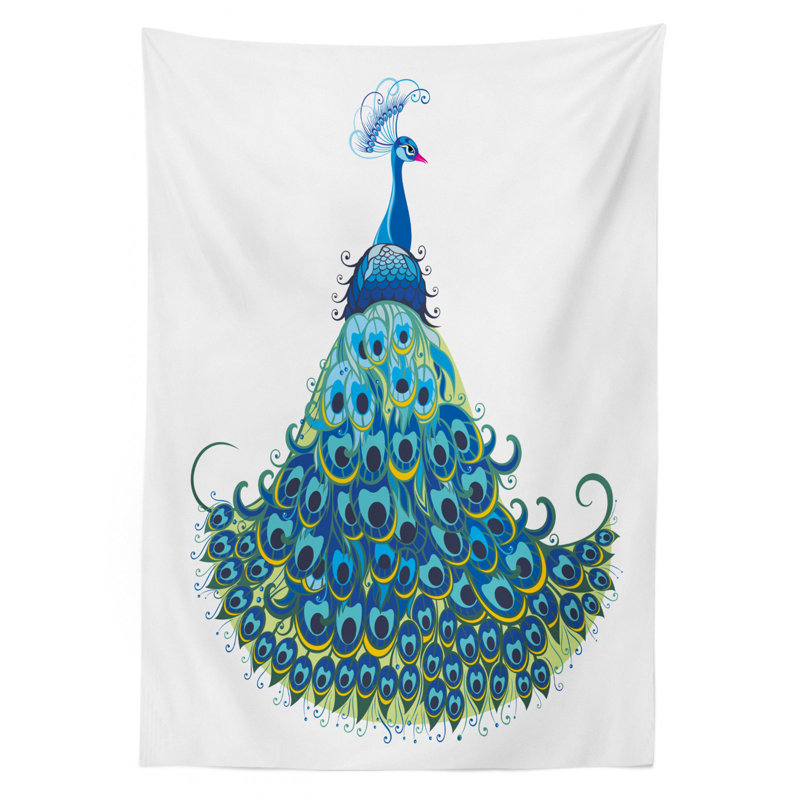 Peacock Tablecloth, Peacock Illustration Floral Classical Curvy Design Tropics Wildlife Theme, Rectangular Table Cover For Dining Room Kitchen Decor, 60" X 90", Blue Yellow