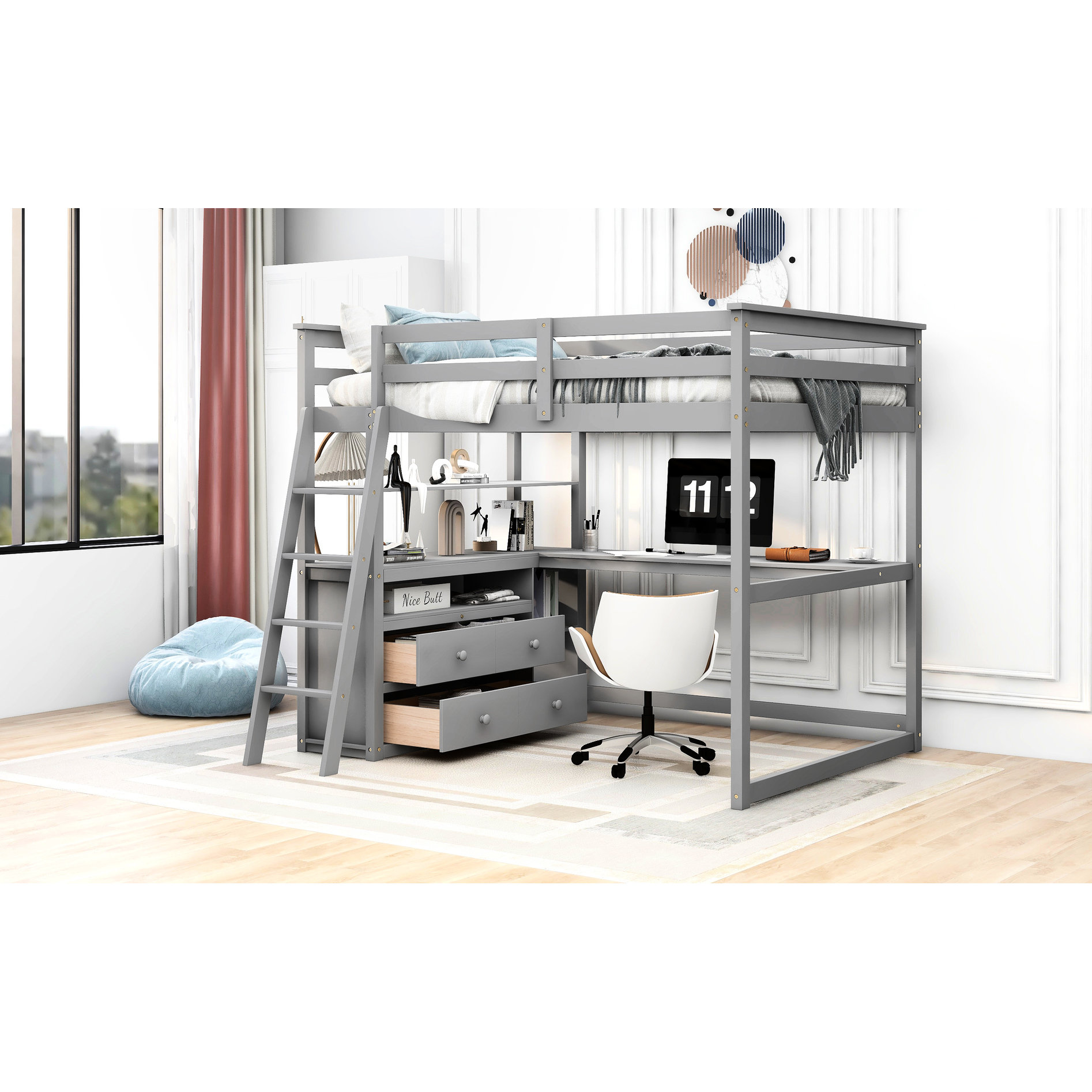 Ebern Designs Twin Size Loft Bed In White With Desk, Shelves And Robust ...