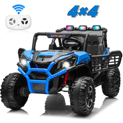 Voiture à 2 places 24 V pour enfants en bleu avec télécommande, lumières DEL, lecteur de musique, suspension, portes doubles et modes haute / basse vitesse