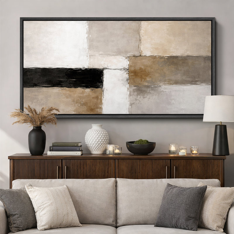 Abstrait abstrait beige neutre, composition de blocs, photos de salon moderne, impression sur toile encadrée, Cadre noir