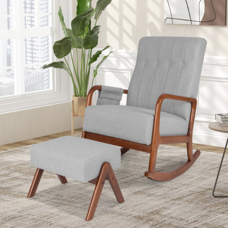 Chaise berçante avec repose-pieds en bois d'hévéa, Gris