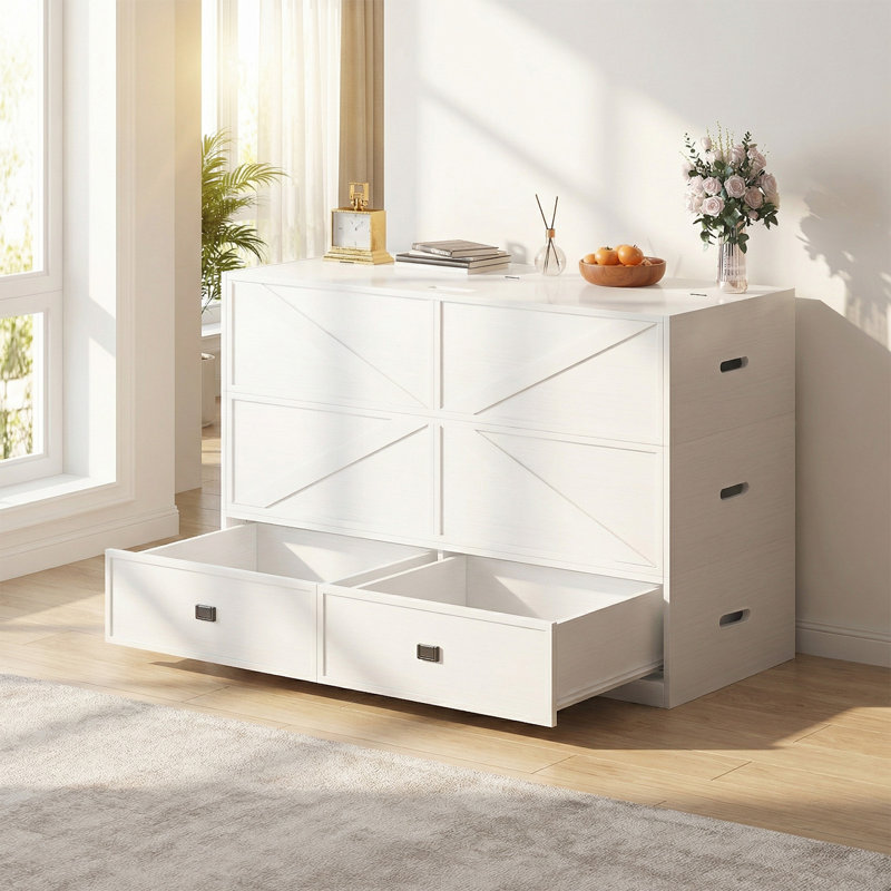 Modern Queen Murphy Cabinet Bed with Convertible Sofa and Mattress Included, White