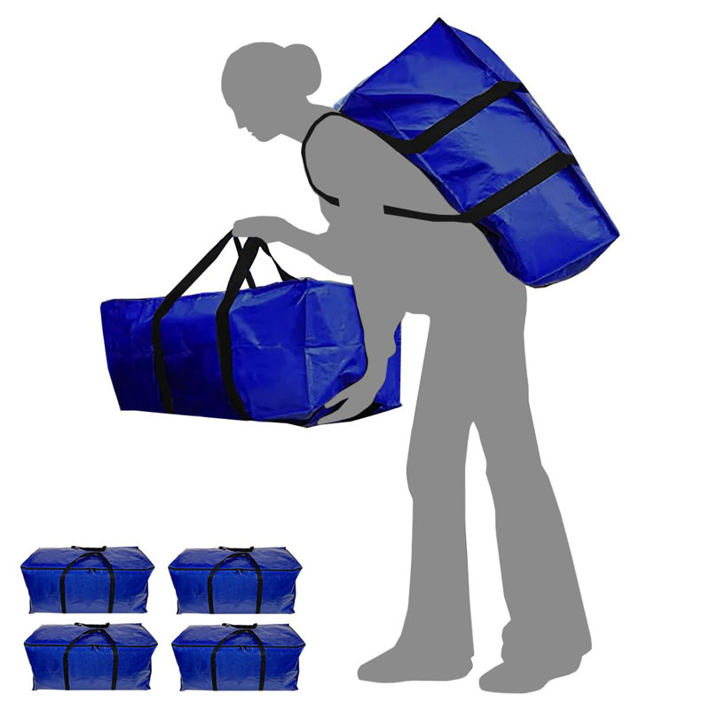 Très grand ensemble de 4 très grands sacs de déménagement avec fermeture à glissière et poignées de transport, bleu avec poignées noires