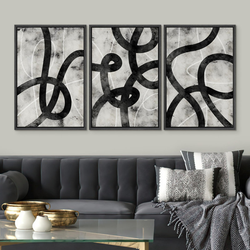 «Abstract Black Line Minimalist Ink Brushstroke», 3 pièces, Noir, H 36 po x l 24 po