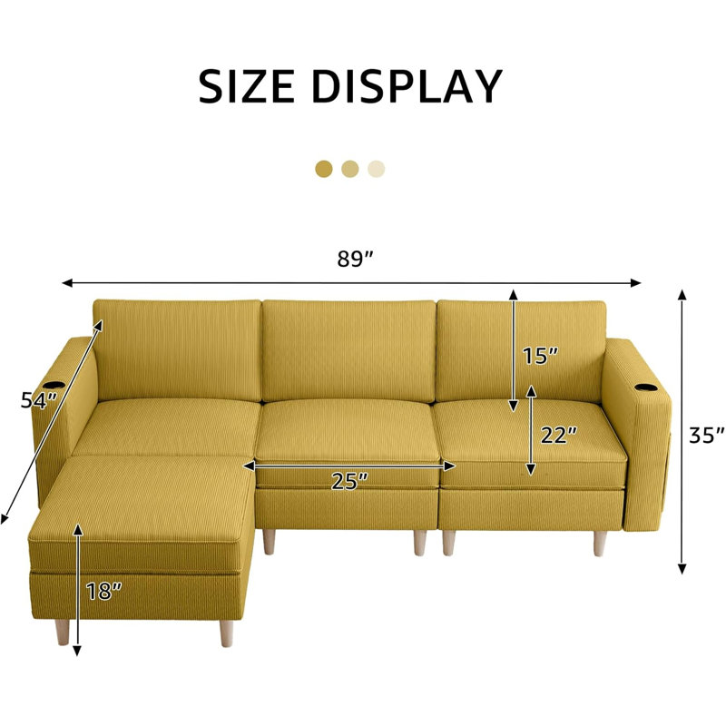 Canapé modulaire rembourré 4 pièces Sodus, Velours jaune