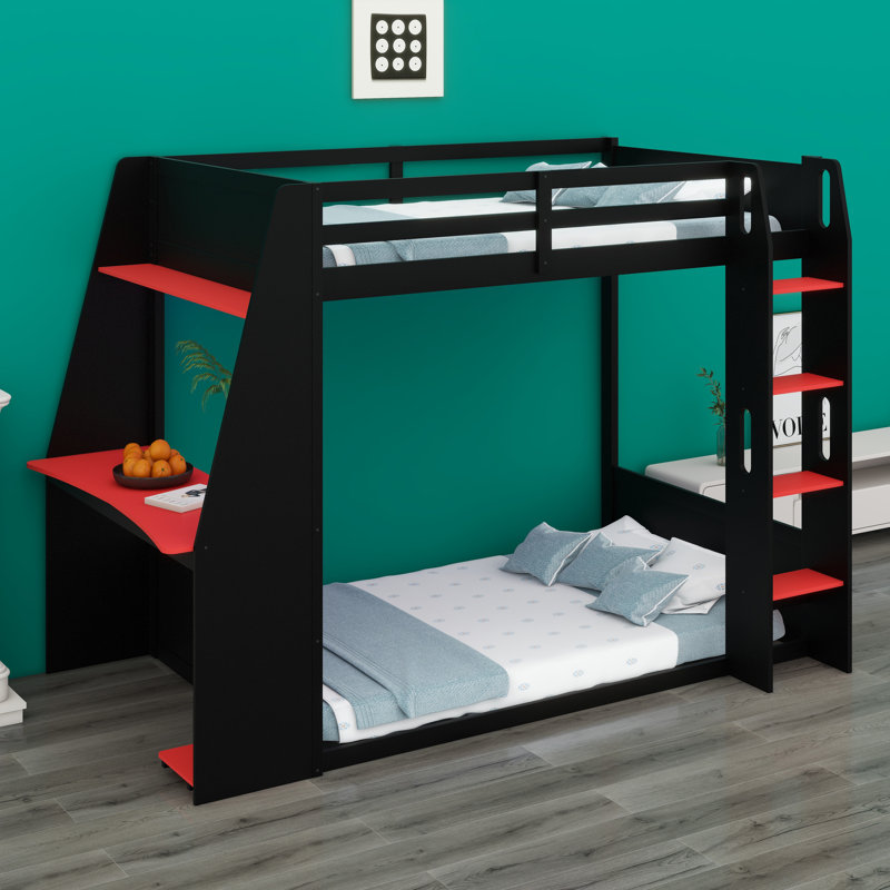 Lit superposé de jeu tout-en-un avec bureau intégré, tablettes, charge USB et éclairage à DEL, Noir et rouge