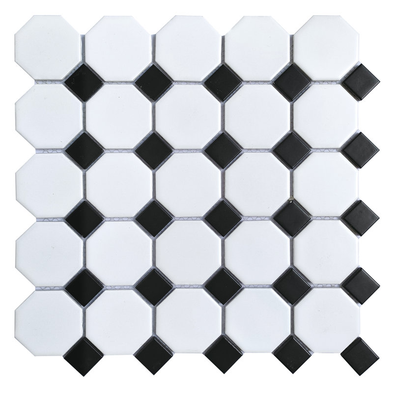 Matte 2x2" White Porcelain Octagon and dot 12x12 Mosaic - Wall & Floor Mosaic tile (set of 20 sheets), White Black