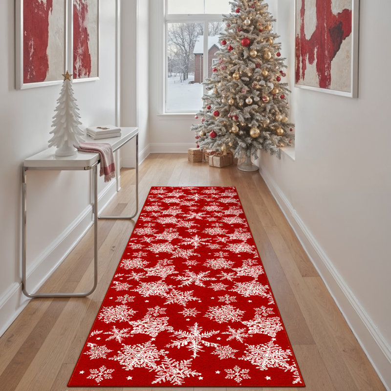 Tapis de Noël lavable Chamora avec motif classique rouge et flocon de neige, Tapis de couloir 2 pi x 6 pi