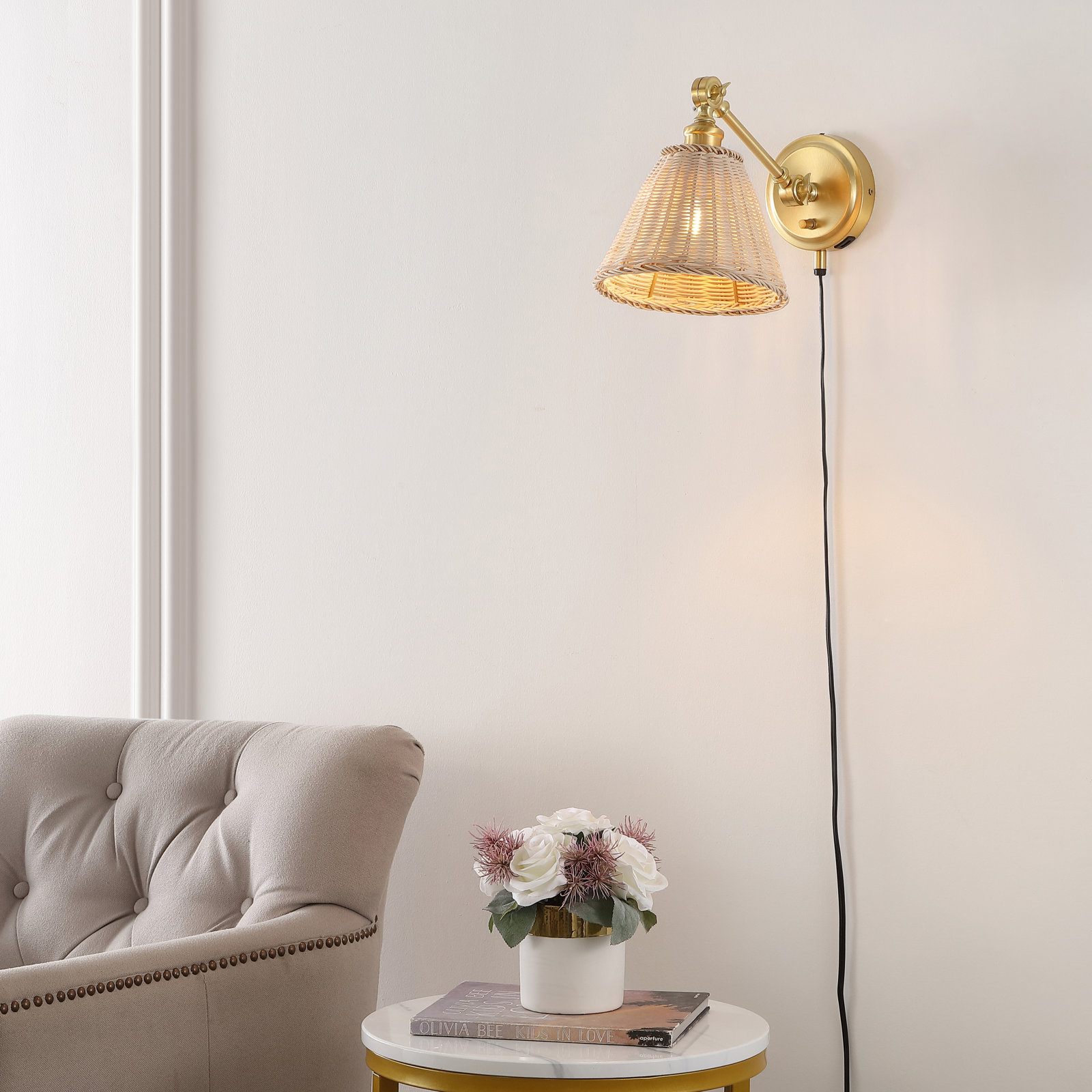 Barrows 2 Light Rattan Iron Dimmable Plug-in Armed Sconce, Brass