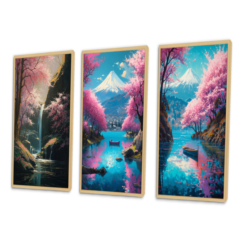 «Cherry Blossom Stream», 3 pièces sur toile, Cadre naturel flottant, H 20 po x l 36 po