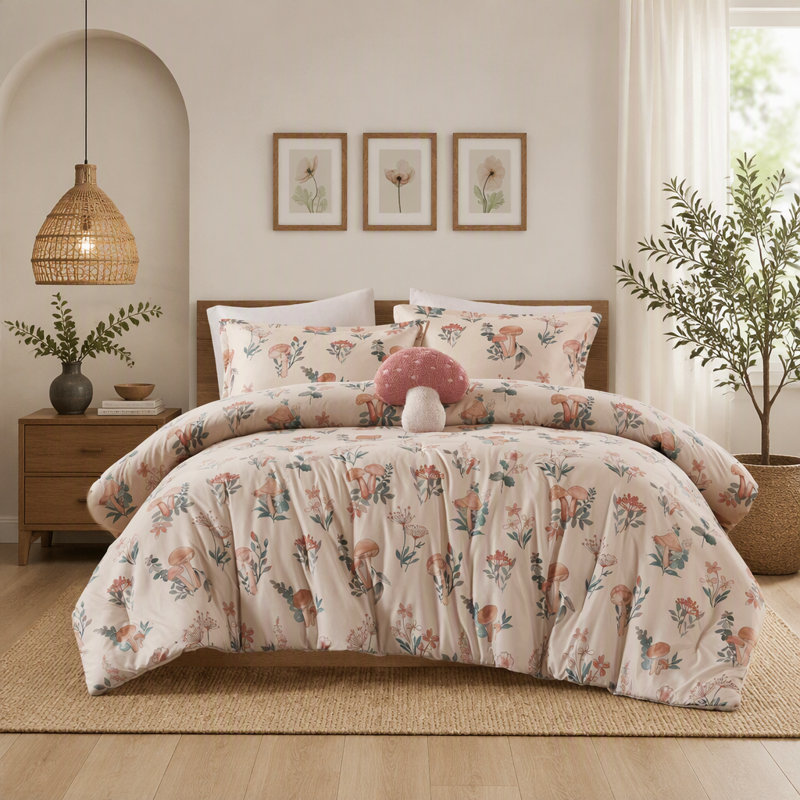 Ensemble de couette 4 pièces en microfibre à motif champignon pour lit double/queen avec coussin décoratif assorti (229 x 229 cm).