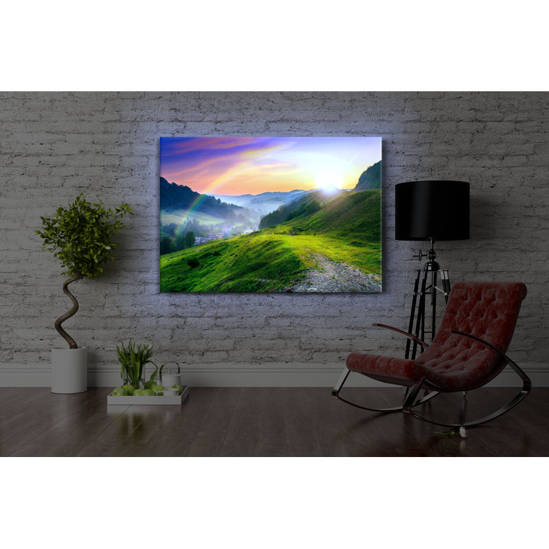 French Mountain Landscape At Sunset by No - Wrapped Canvas Print, With lighting, 70cm H x 100cm W x 4.5cm D