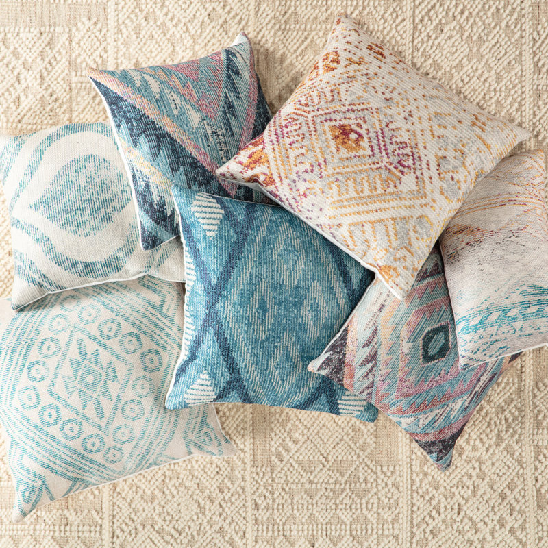 Turquoise and Cream Geometric Polyester Outdoor Throw Pillow Cover