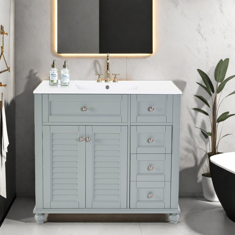 Meuble-lavabo avec lavabo en cÃ©ramique et tiroirs Ã  fermeture amortie, Gray, Silver