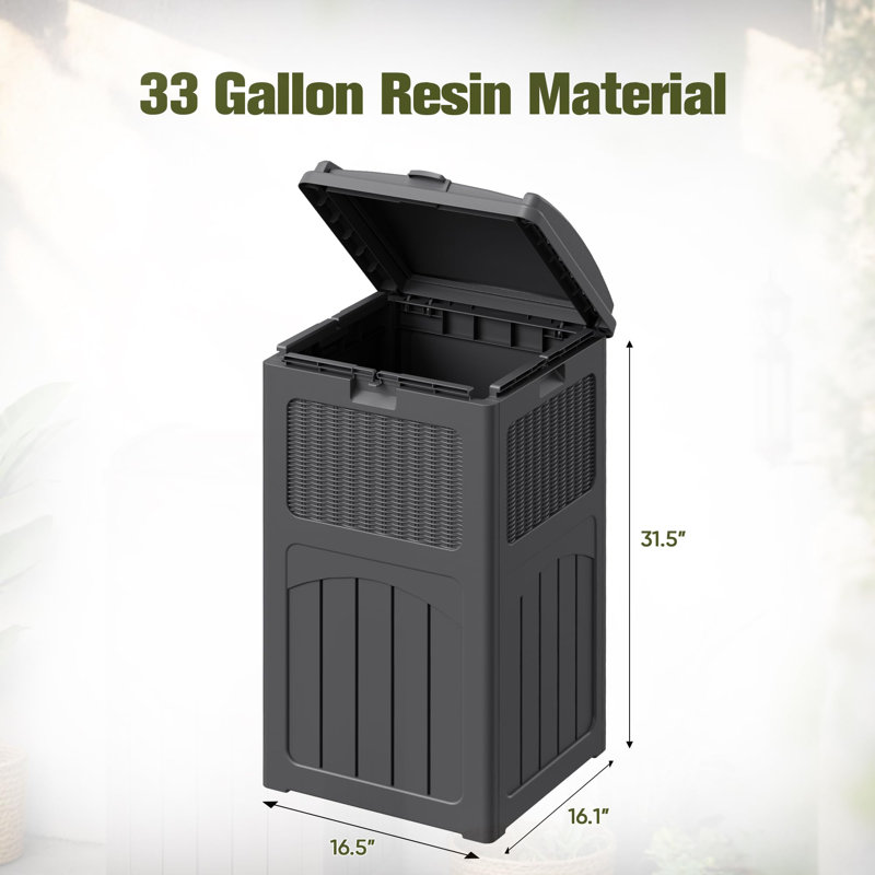 33 Gallon Outdoor Hideaway Trash Can with Tiered Lid, Waterproof Resin Waste Bin for Patio, Pool, Backyard & Deck, Gray