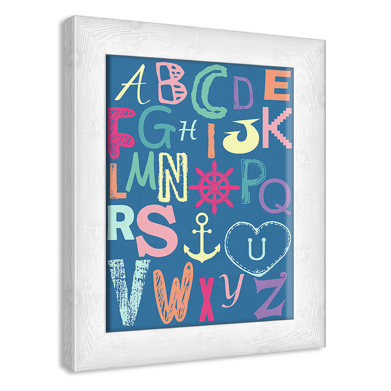 Alphabet imprimé sur papier, H 10 po x l 8 po x P 0,6 po, Encadré plat à grain de bois blanc