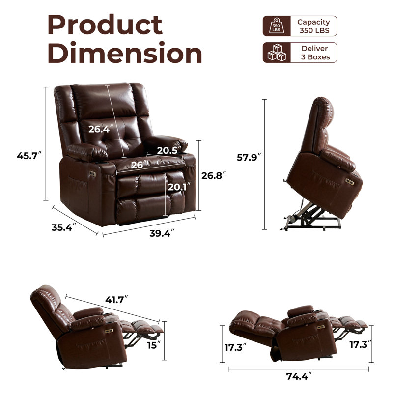 Dual-Motor Electric Lift Massage Heating Recliner with Armrest Storage, Brown, Brown
