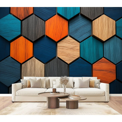 Futuristic Peel and Stick Wallpaper Colorful Wooden Hexagon Blue Orange Natural Tones Wall Murals 69"H x 96"W Removable PVC Wall Paper Self-Adhesive Wall Decor for Bedroom Living Room Home Office