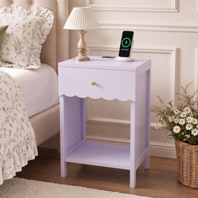 Table de chevet avec tiroir et tablette de rangement ouverte, table de chevet moderne à bord festonné, table de bout en bois pour chambre à coucher, armoire de chevet pour petit espace
