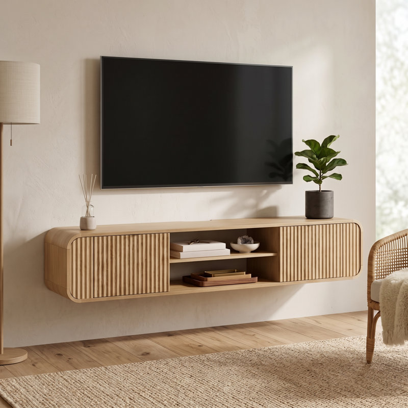 Meuble télé mural de 63 pouces avec panneaux cannelés et rangement ouvert, Natural
