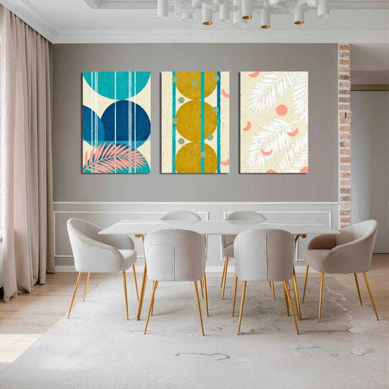 Feuilles tropicales et cercles géométriques, art mural, reproduction abstraite moderne (ensemble de 3), H 18 po x l 36 po