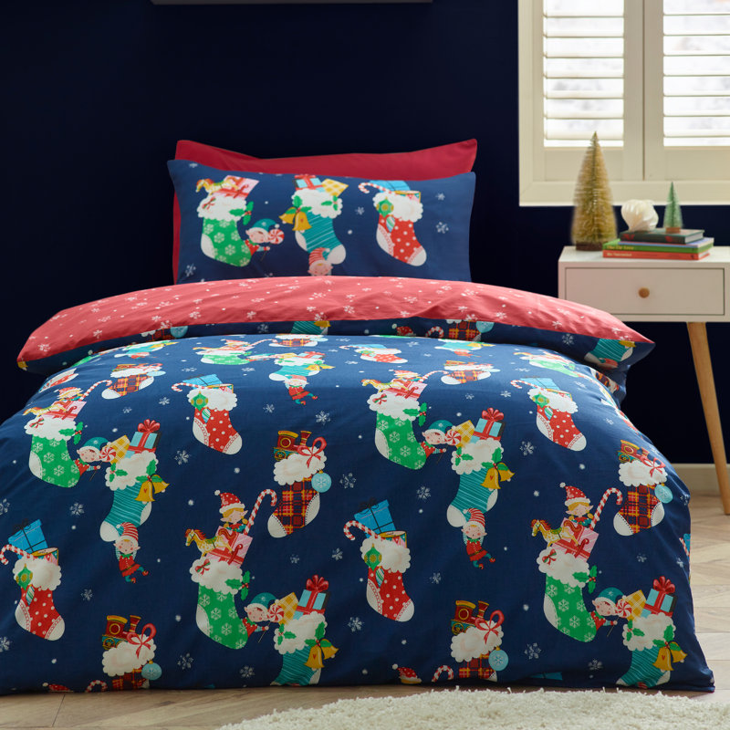 Christmas Elves Cotton Rich Duvet Cover Set, Single Duvet Cover Set + 1 Standard Pillowcase