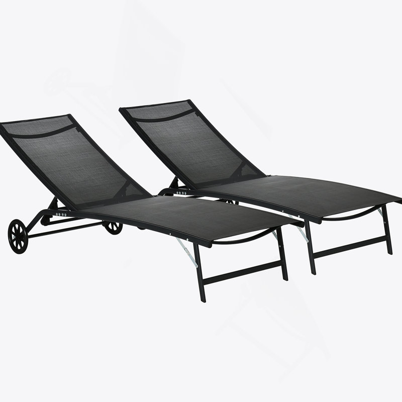 Outsunny Chaise Lounge Outdoor, 2 Piece Set With Wheels And 5 Adjustable Positions For Patio, Beach, Yard, Pool, Black