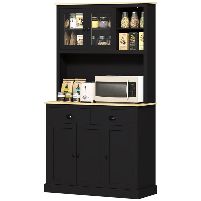 Garde-manger autoportant noir de 71 po avec quatre tablettes intérieures réglables, des tiroirs et un ensemble de basculement pour une utilisation organisée et sécuritaire