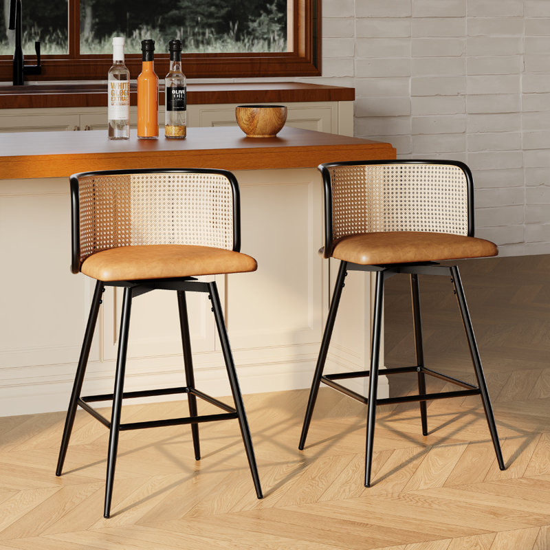 26"H Rattan Swivel Bar Stools Set Of 2, Brown